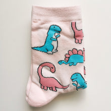 Load image into Gallery viewer, Friendly Dino Socks | Dinosaurs, T-Rex, Stegosaurus, Brachiosaurus, Diplodocus, Tyrannosaurus Rex | Pink Unisex, Soft Cotton