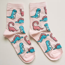 Load image into Gallery viewer, Friendly Dino Socks | Dinosaurs, T-Rex, Stegosaurus, Brachiosaurus, Diplodocus, Tyrannosaurus Rex | Pink Unisex, Soft Cotton