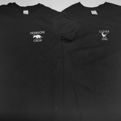 Clever Girl & Herbivore Crew Dinosaur Cotton T-Shirts | Vegan and Vegetarian | Triceratops and Velociraptor | Retro 90s Tees | Jurassic Park