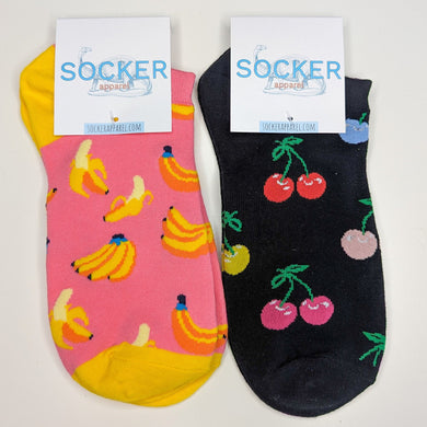 Cherry and Bananas Unisex Trainer Socks | Adult UK Size 5-9 | Fun Bright Summer Socks