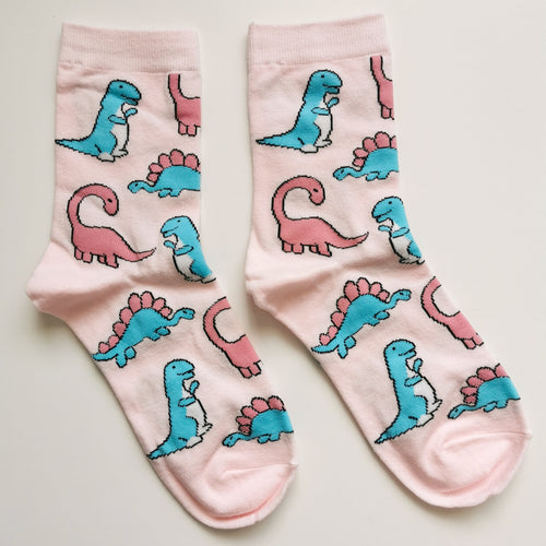 Friendly Dino Socks | Dinosaurs, T-Rex, Stegosaurus, Brachiosaurus, Diplodocus, Tyrannosaurus Rex | Pink Unisex, Soft Cotton