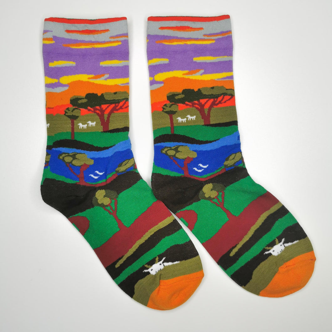 Sunset Socks | Trees, Lakes, Wildlife, Sky, Clouds, Art, Painting | Bright Happy Socks | Soft Cotton Unisex Clothing
