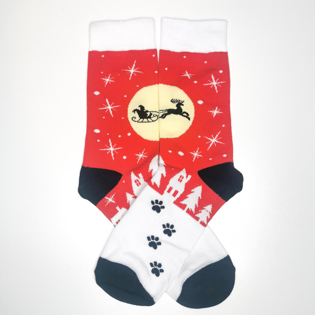 Christmas Socks | Santa's Sleigh in the Sky & Reindeer | Rudolph, Festive Town